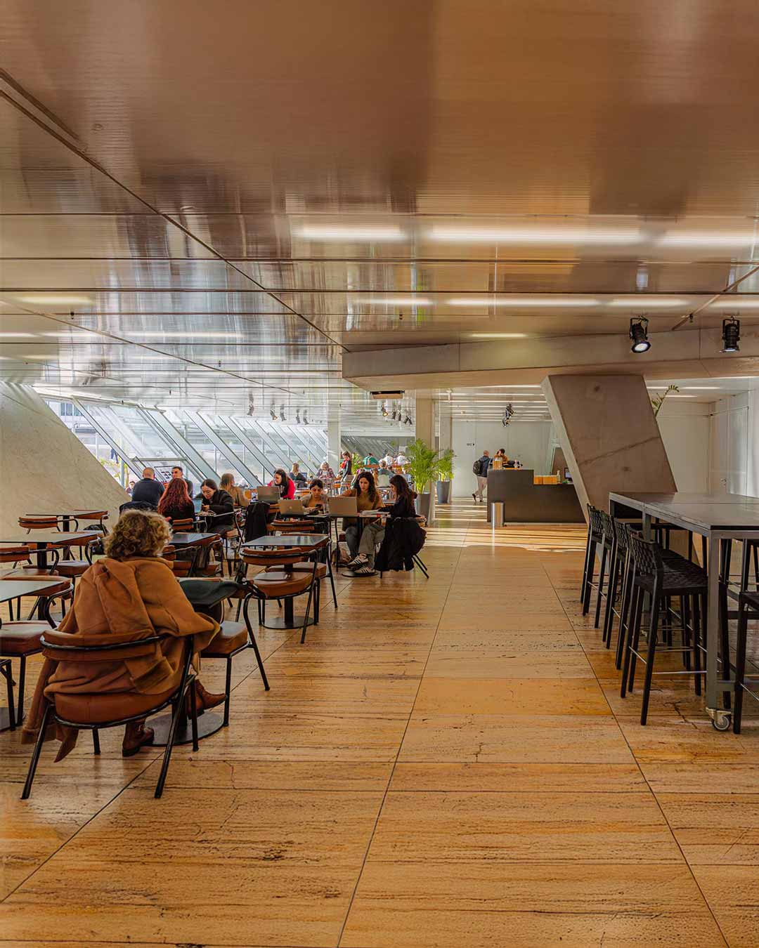 Vista ampla da entrada do café da Casa da Música, com luz natural, plantas decorativas, clientes a chegar e ambiente acolhedor logo à entrada.